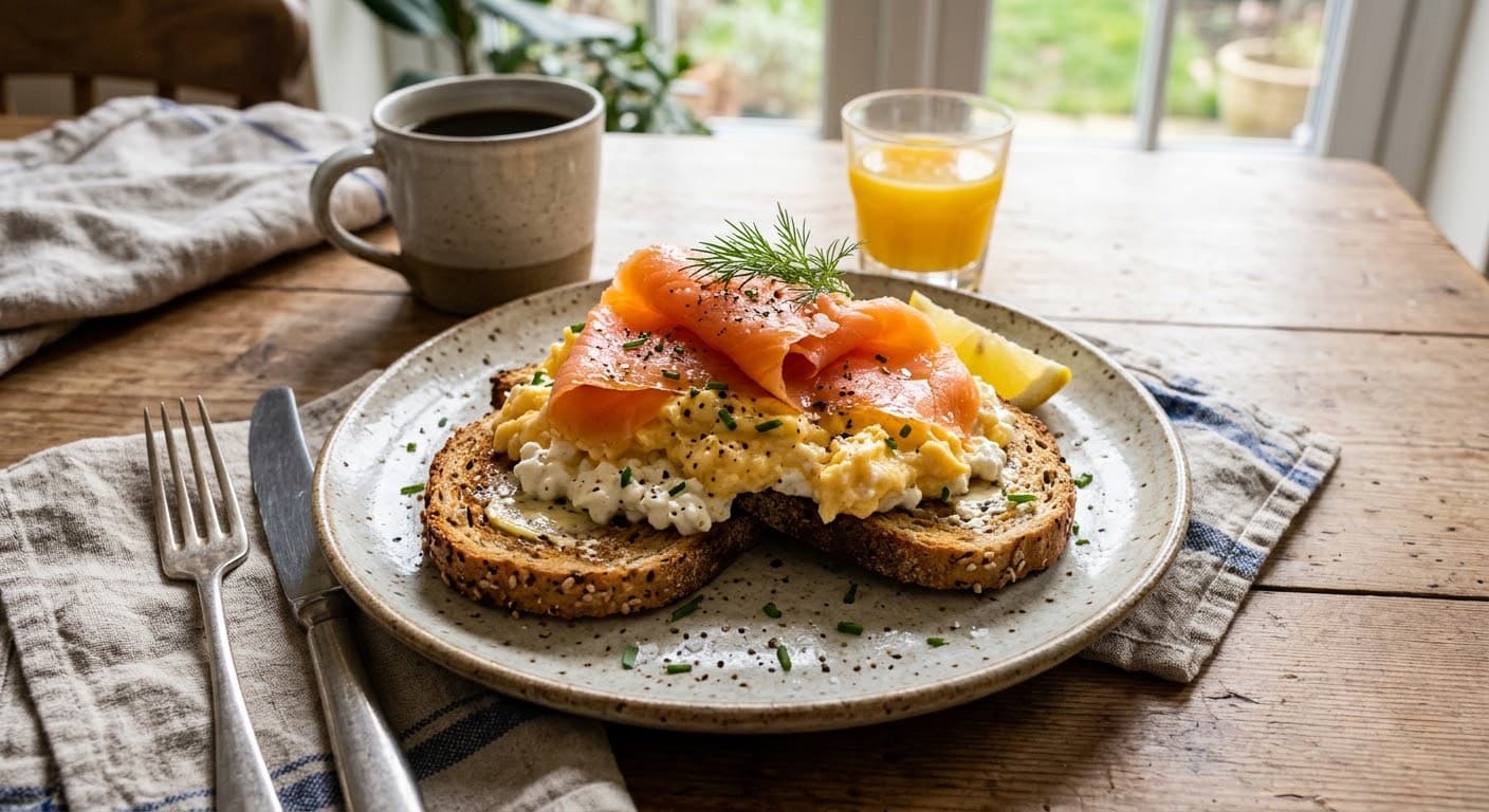 Smoked Salmon, Eggs and Cottage Cheese on Toast